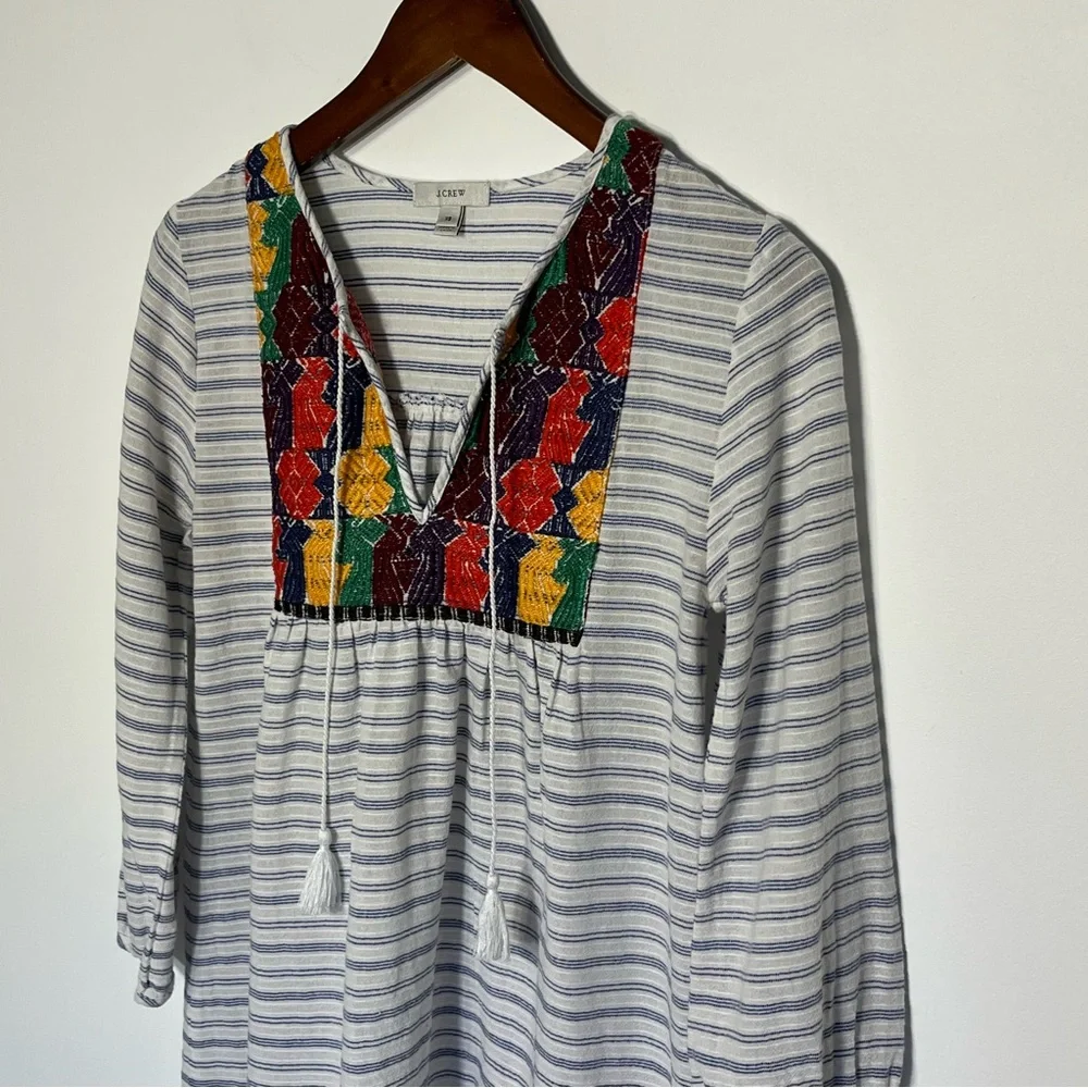 J Crew boho embroidered tunic dress mini dress striped, beach, coastal XS